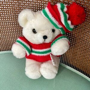 Christmas Themed Stuffed Bear with Red, Green, & White Sweater & Hat-Ornament